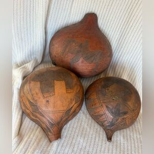 African Half Gourd Hand Etched Container Kamba Kenya set of 3